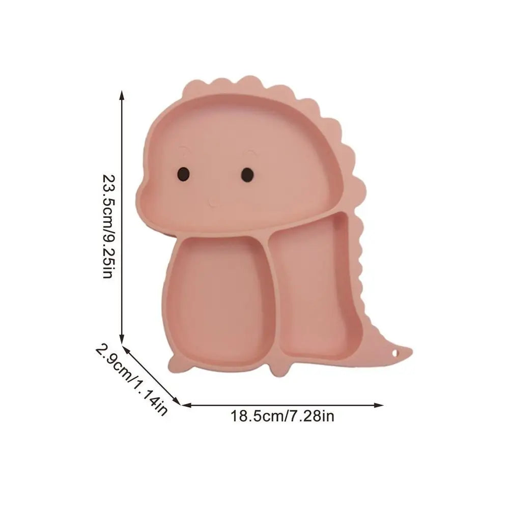 Durable & safe dinosaur silicone suction tableware for kids, including spoon, fork, and snack cup lid