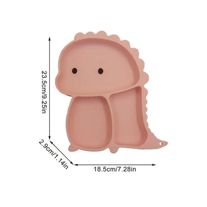 Durable & safe dinosaur silicone suction tableware for kids, including spoon, fork, and snack cup lid