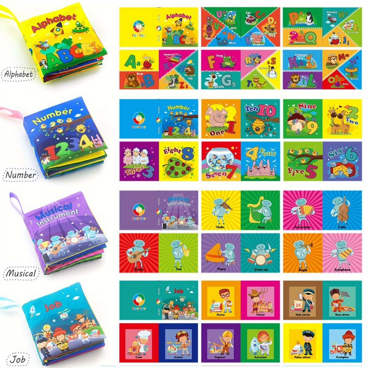 Set of 8 soft baby cloth books with different themes like numbers and shapes, early learning