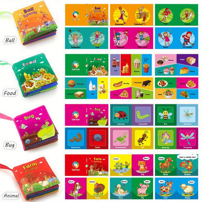Baby turning pages of a crinkly cloth book, promoting fine motor skills and early learning