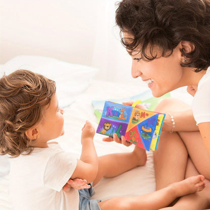 Eight unique soft cloth books for babies laid out, early education and sensory play set
