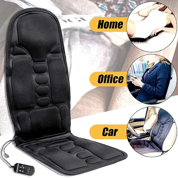 Portable heated massage chair pad for car, home, and office use; provides back & neck pain relief and relaxation.