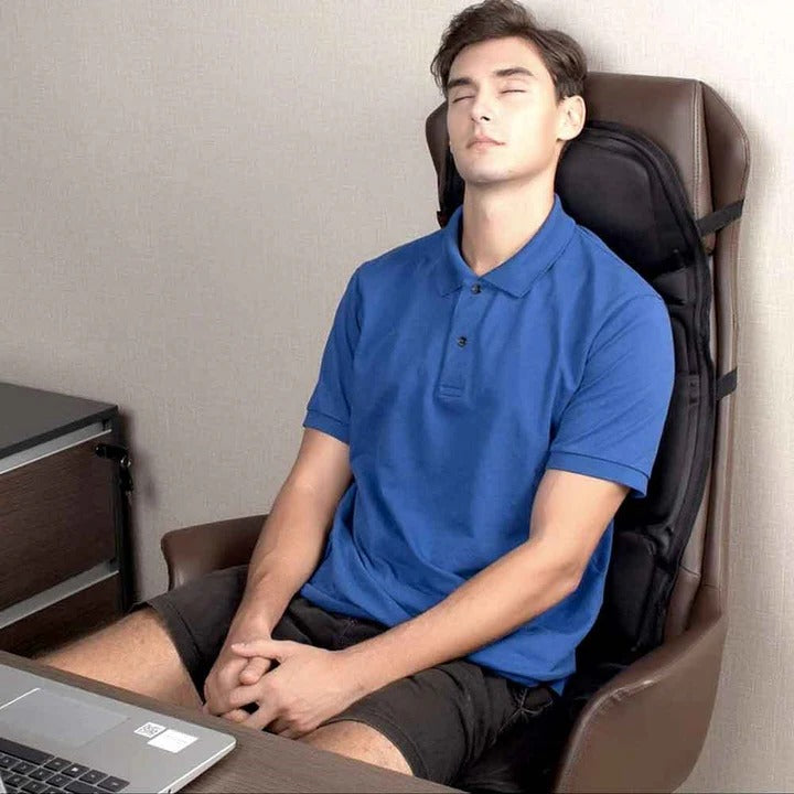 Ergonomic heated back and neck massage chair pad for targeted muscle relaxation, stress relief, and pain relief.