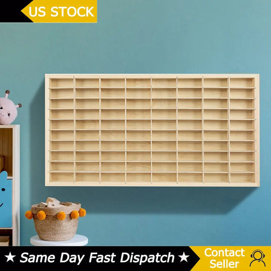 80-Grid natural wood display shelf showing 1:64 scale diecast cars like Hot Wheels parked neatly