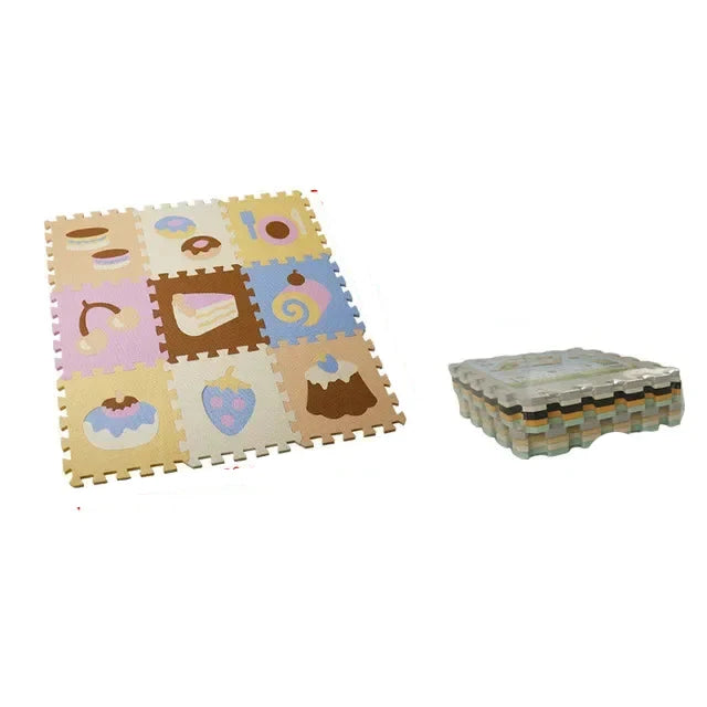Various cartoon animals (lion, bear, monkey) depicted on EVA Foam Play Mat pieces, soft and safe