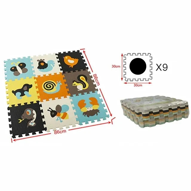 Child stacking pieces of the Cartoon Animal EVA Foam Play Mat, developing motor skills