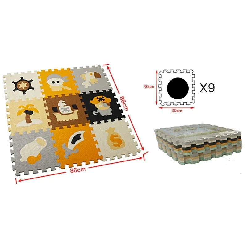 Display of all 9 Cartoon Animal EVA Foam Play Mat pieces separately, showing each animal design