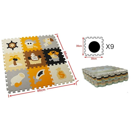 Display of all 9 Cartoon Animal EVA Foam Play Mat pieces separately, showing each animal design