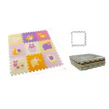 Baby reaching for a piece of the Cartoon Animal EVA Foam Play Mat, engaging puzzle play