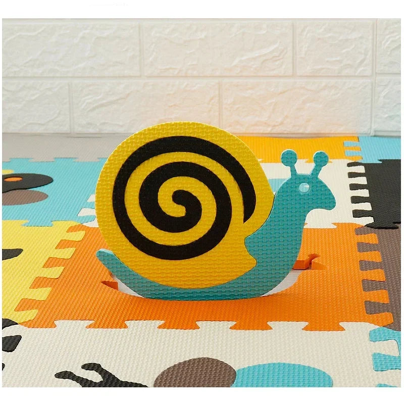 Baby crawling on soft EVA Foam Play Mat with cartoon animal designs, 9-piece interlocking puzzle