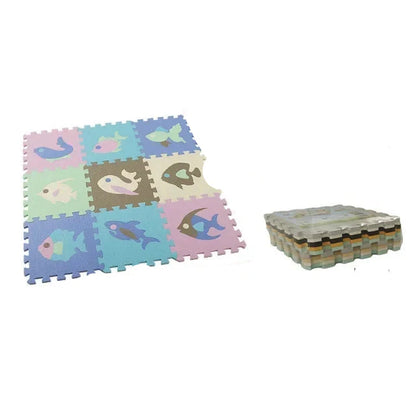 Happy baby sitting on a fox piece of the Cartoon Animal EVA Foam Play Mat, early learning toy