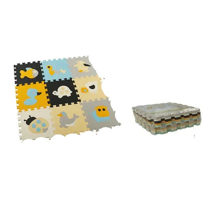 Packaging for the 9-piece Cartoon Animal EVA Foam Play Mat, highlighting non-toxic features
