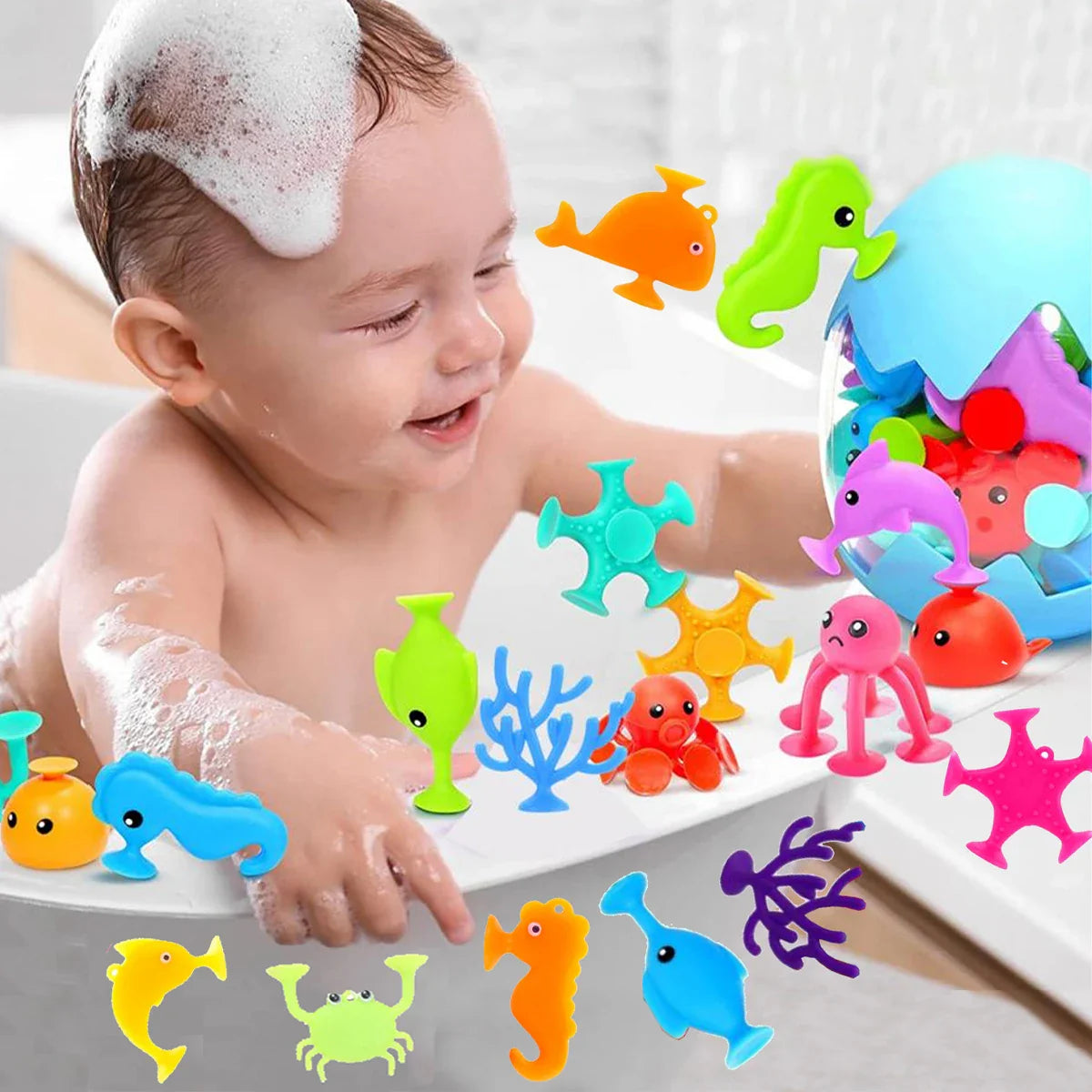 9-piece ocean animal bath toys set for kids, includes colorful sea creatures for fun water play & sensory development.