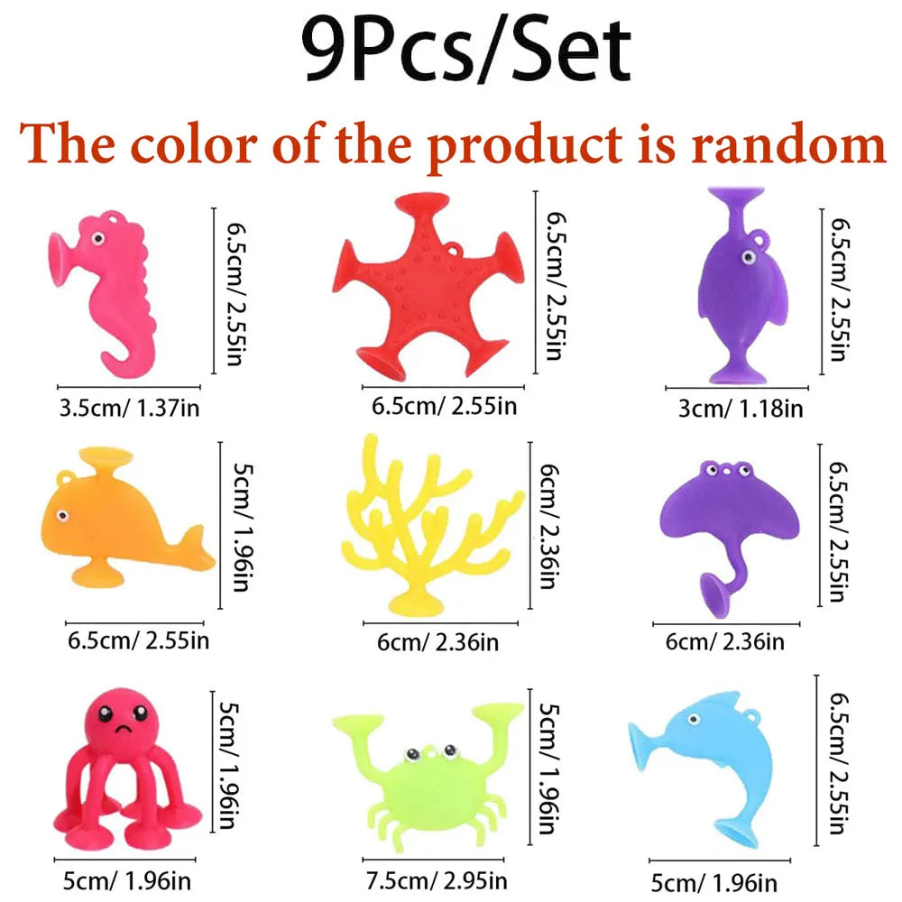 Close-up of colorful shark, octopus, and turtle bath toys from a 9-piece ocean animal set for toddlers.
