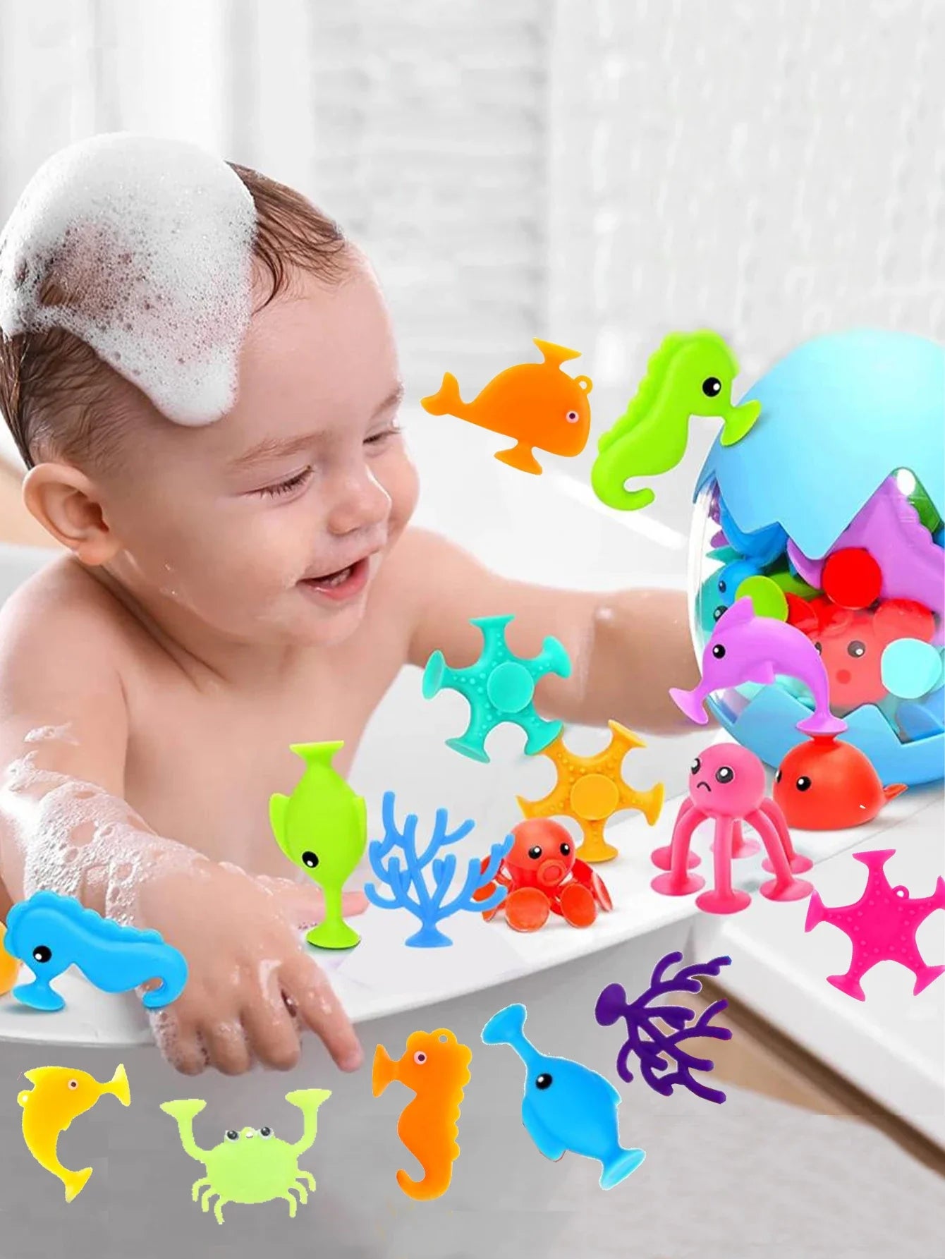 Complete 9-piece ocean animal bath toys set, neatly arranged, ready for engaging kids' water play & bath time fun.