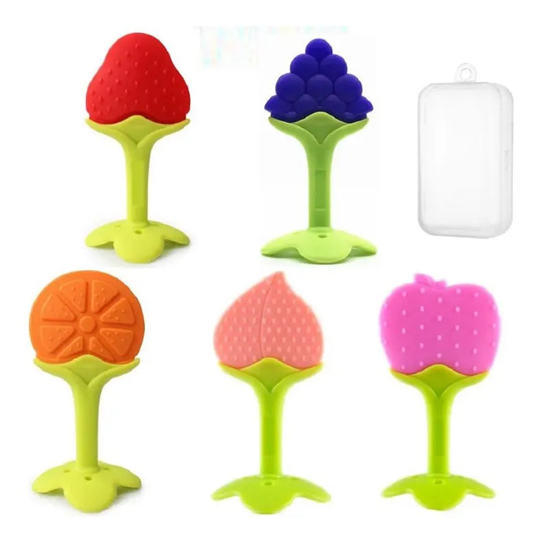 Soft silicone baby toothbrush teether, blue, for chewing and gum massage during teething.