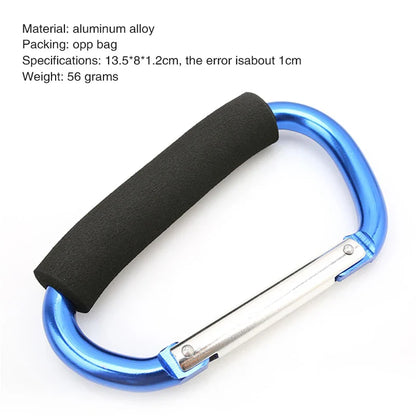 Two stroller organizer hooks securely attached to a beige baby transport handle, ideal for bags and baby essentials.