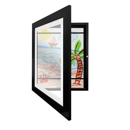 Two A4 wooden magnetic display frames mounted on a wall, showcasing kids' art, great for toddler art display.
