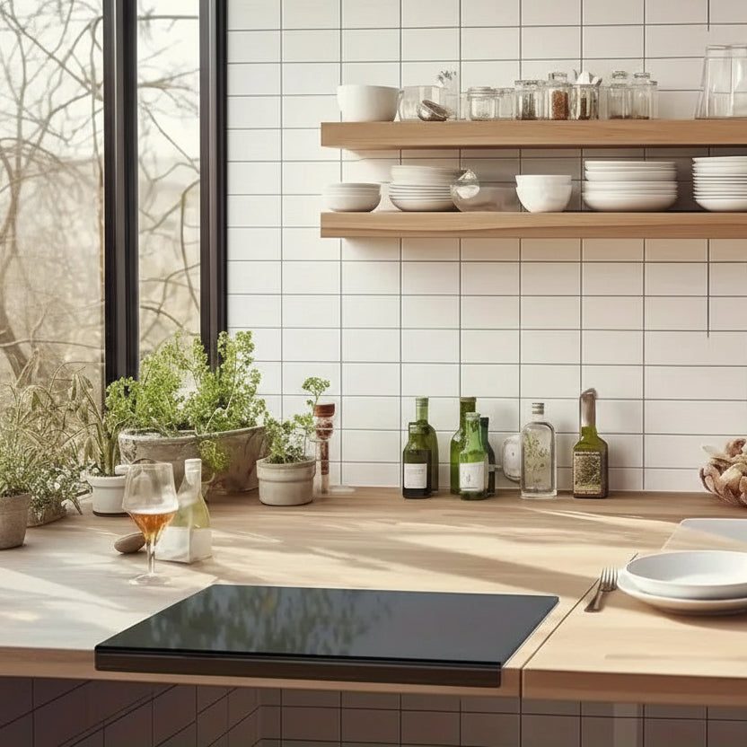 Clear acrylic kitchen board with non-slip lip, perfect for safe food prep & countertop protection.