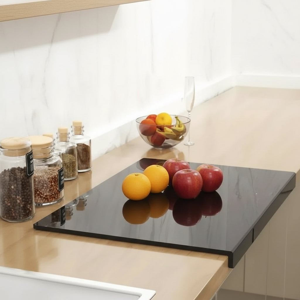 Durable acrylic cutting board with protective lip, easy to clean, great for all kitchen food prep.