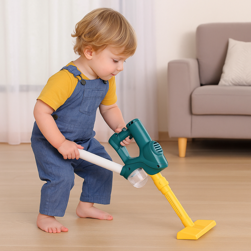 Active child playing with a red toy vacuum cleaner with lights and sounds, mimicking cleaning.