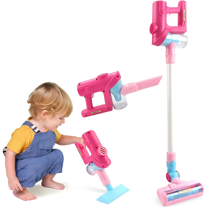 Happy child, 3-5 years old, role-playing with a realistic-looking toy vacuum, perfect for kids' learning.