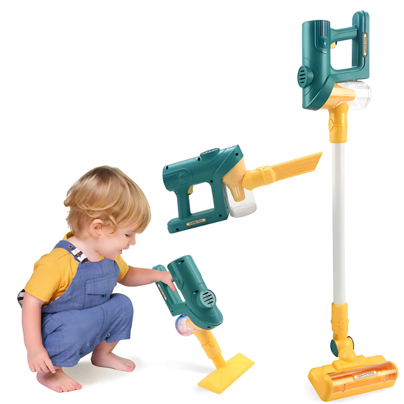 Toy vacuum for kids, featuring colorful design, interactive lights and sounds, on a playroom floor.