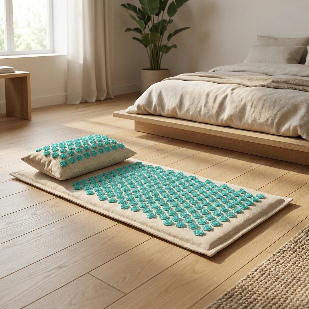 Acupressure mat and pillow set with carry case for full body relaxation, stress & pain relief at home.