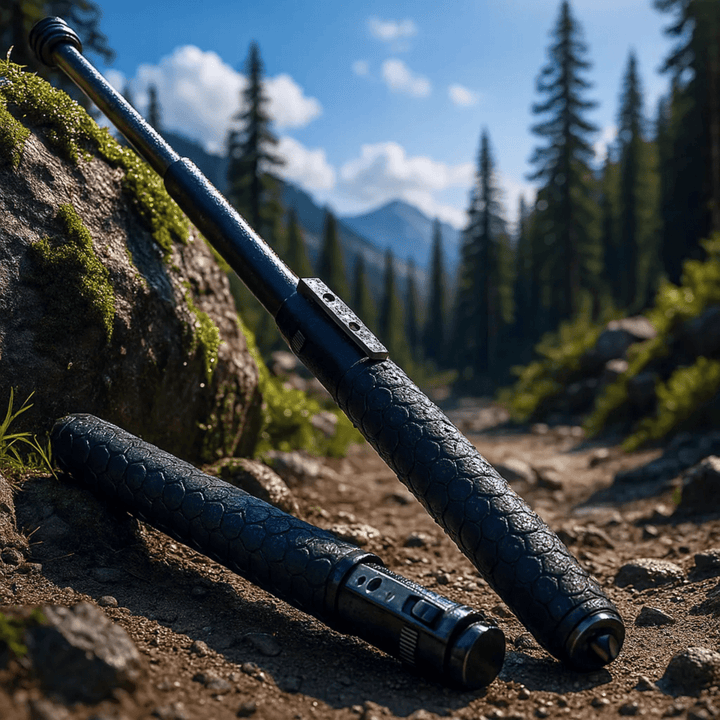 Adjustable alloy steel hiking stick with anti-slip grip, ideal for outdoor trekking & support.