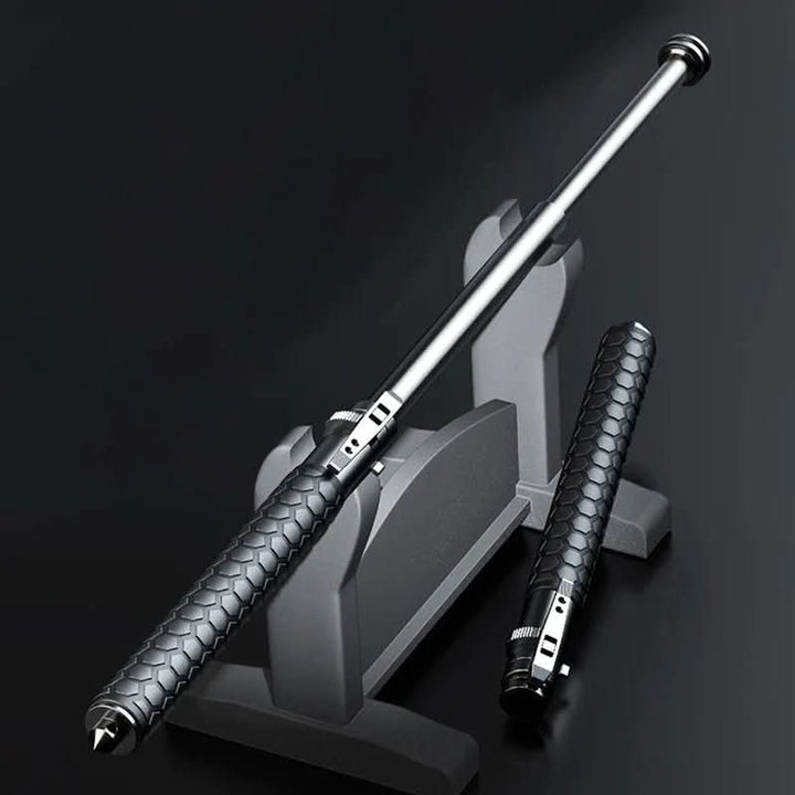 Ergonomic anti-slip grip on an adjustable alloy steel hiking stick, enhancing safety & comfort.