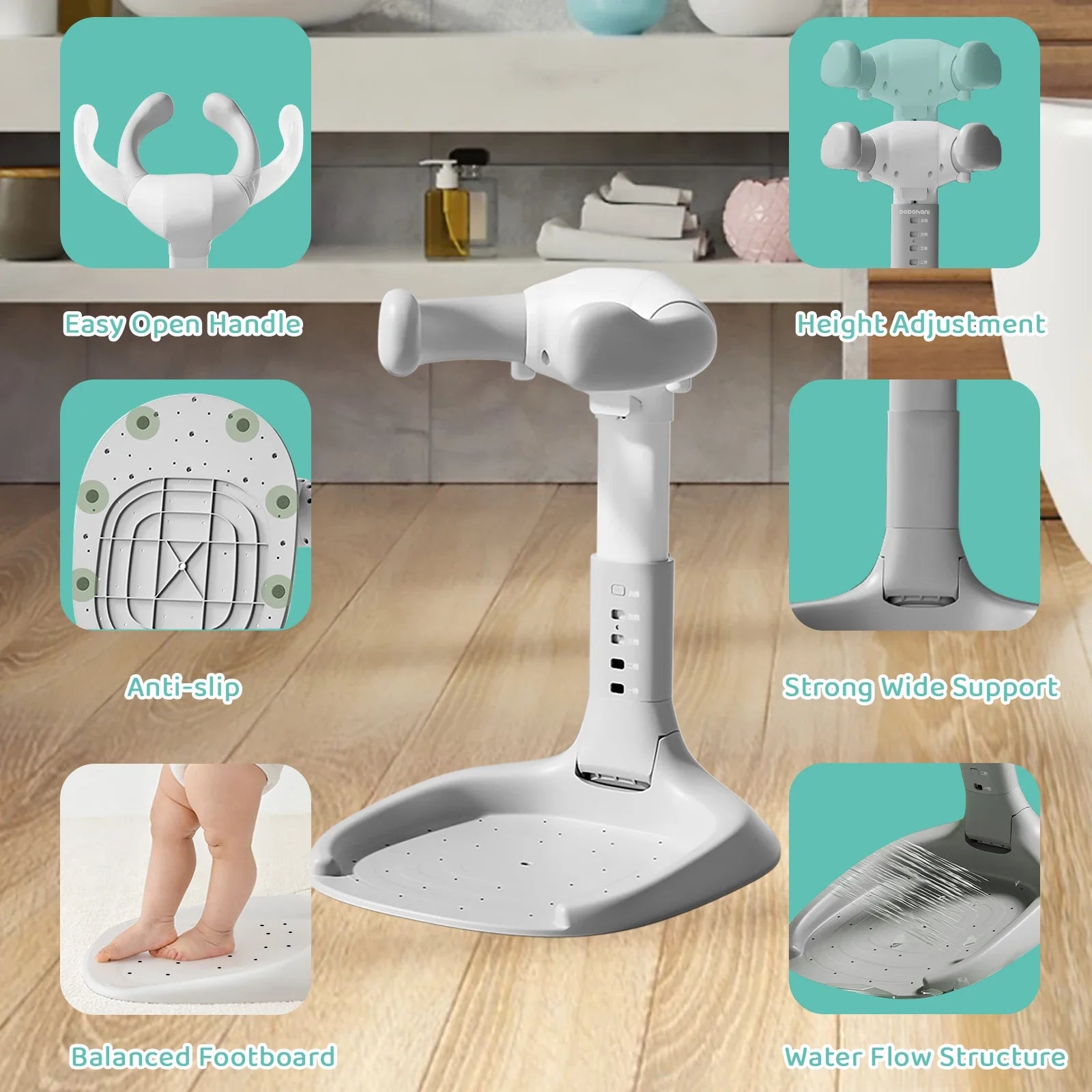 Baby bath stand with adjustable height and recline, offering secure support for newborn showering.