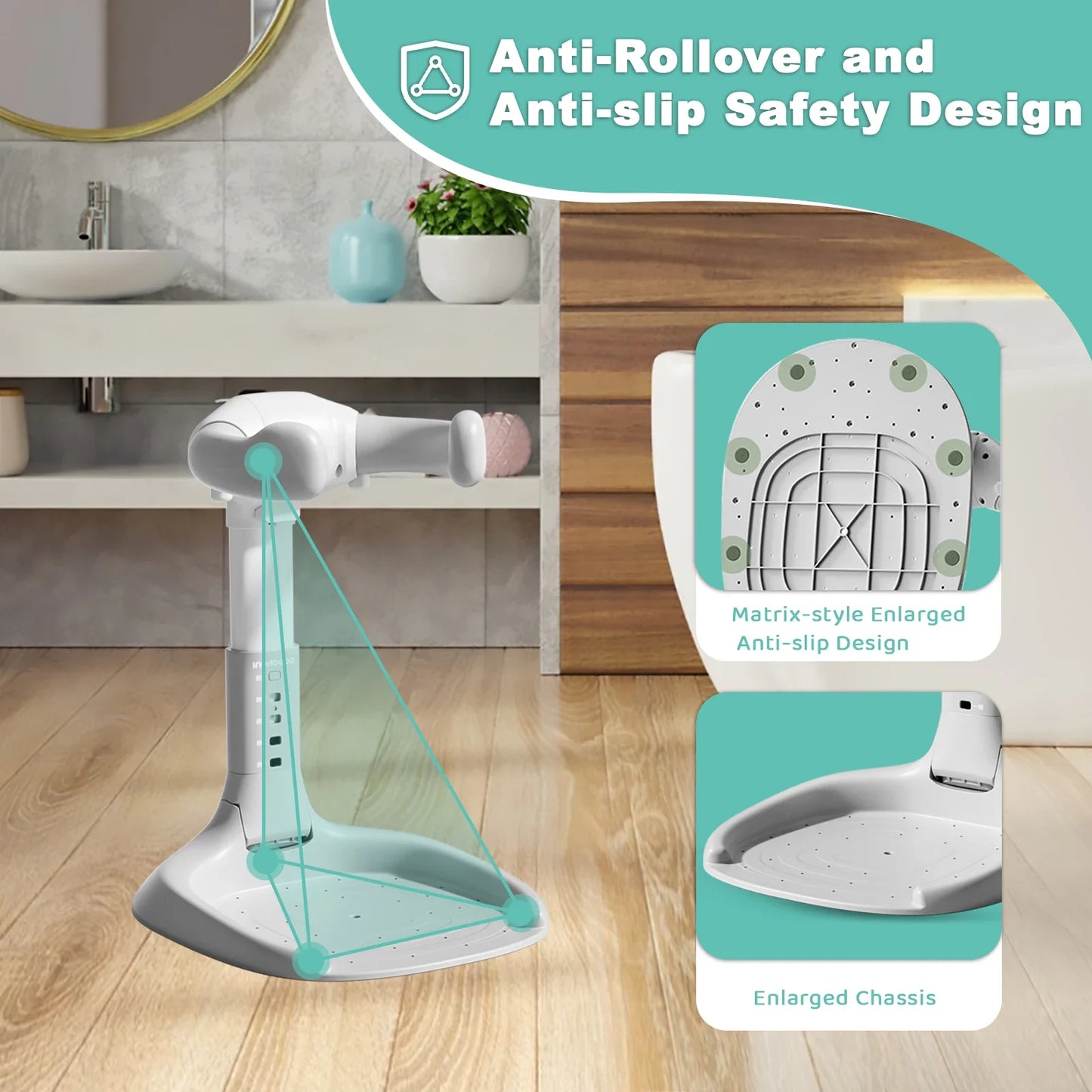Infant shower seat on an adjustable bath stand, ergonomic for baby care and easy to clean.