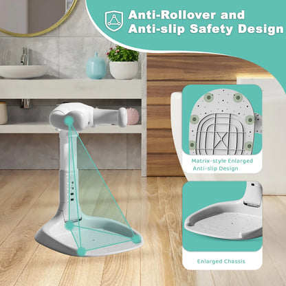 Infant shower seat on an adjustable bath stand, ergonomic for baby care and easy to clean.