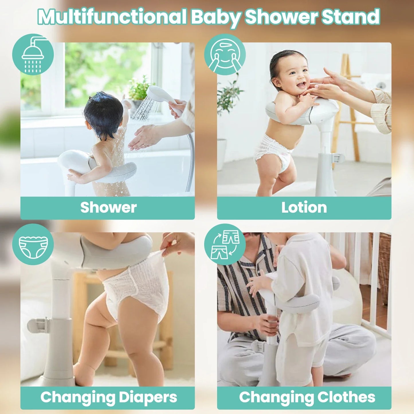 Collapsible adjustable baby bath stand, compact for storage, a convenient nursery essential.