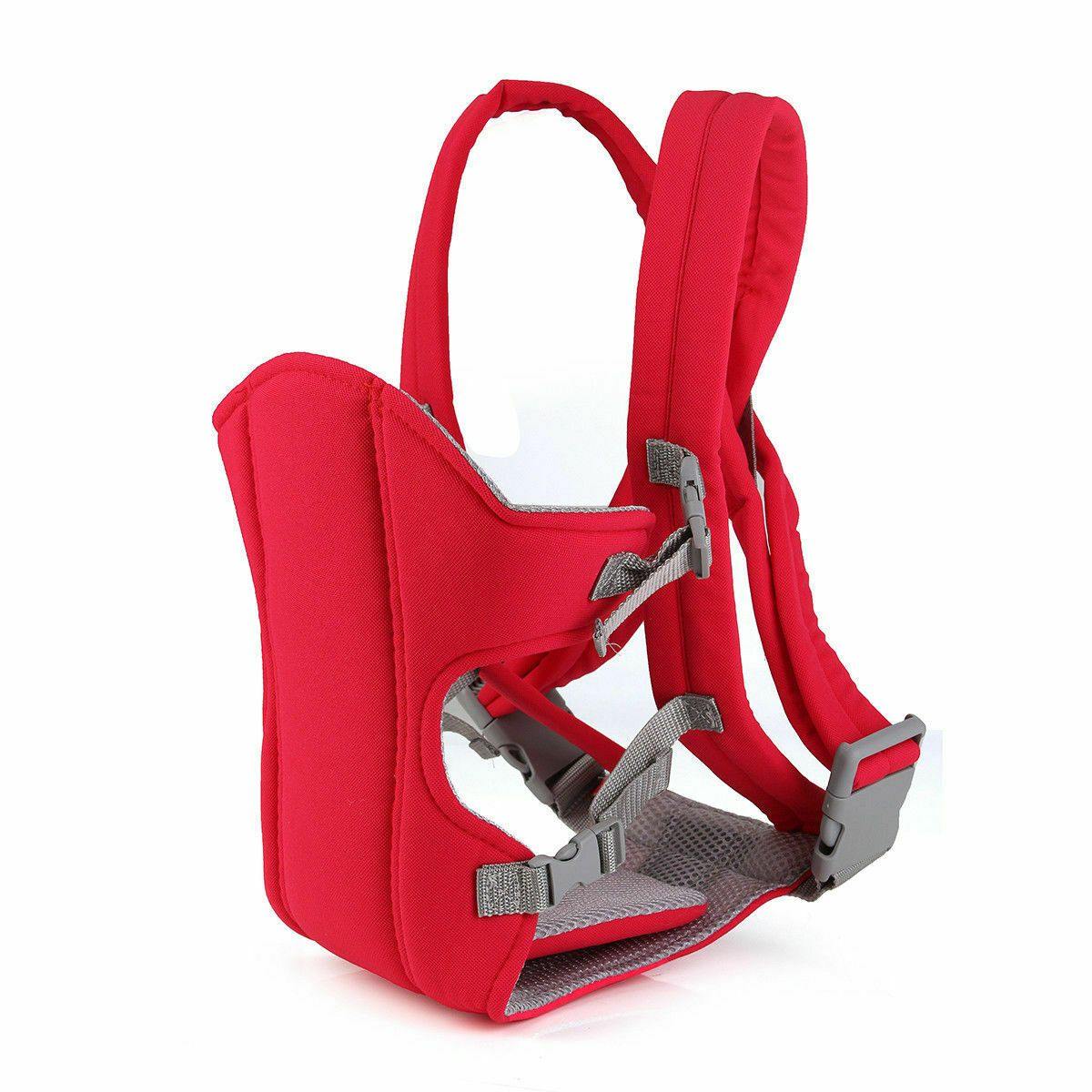Adjustable baby carrier backpack in use, infant facing forward, travel gear