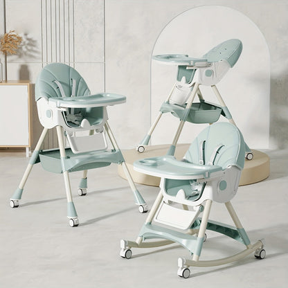 Detail of the secure 5-point harness on a grey adjustable baby feeding high chair