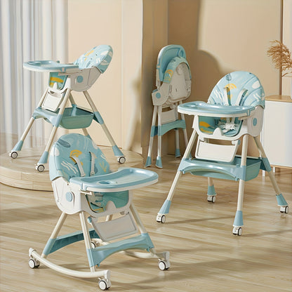Foldable baby high chair in gray, showing adjustable height and footrest for toddlers