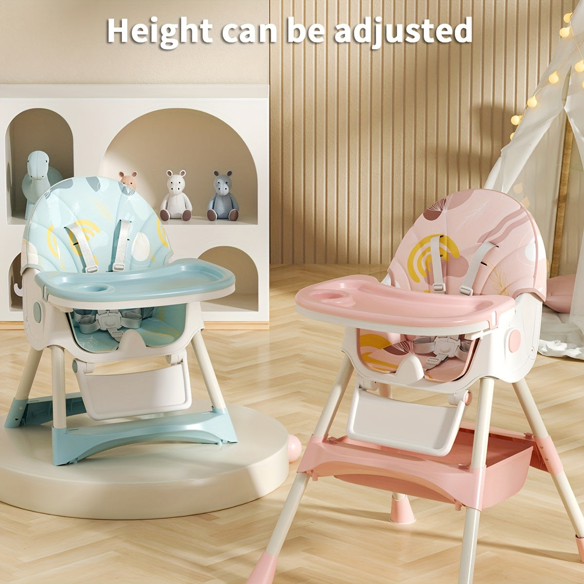 Portable baby high chair with easy-clean PU leather seat, ideal for dining & feeding