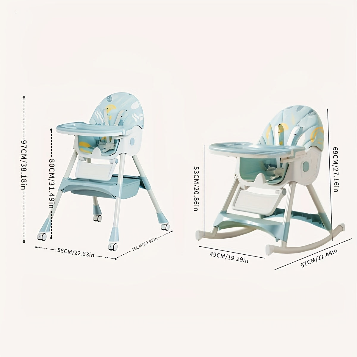 Modern adjustable high chair with tray, designed for baby and toddler feeding comfort