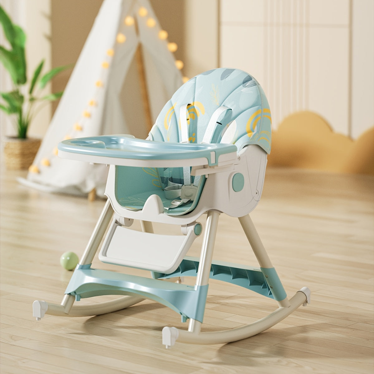 Close-up of adjustable baby high chair's PU leather seat & sturdy tray for mealtime