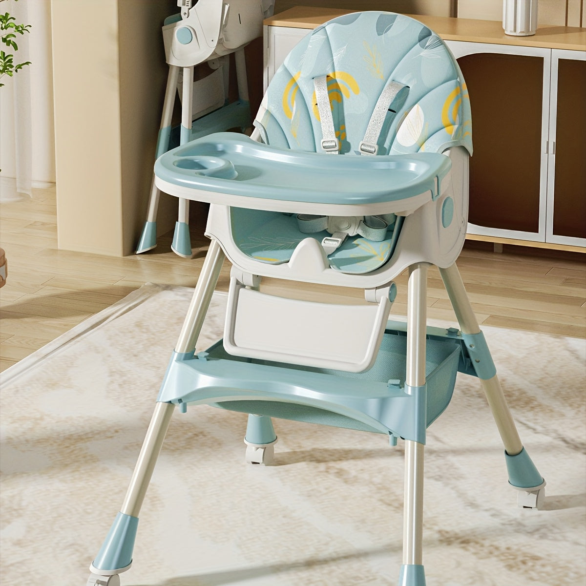 Baby high chair with multiple height adjustments and recline options for growing babies