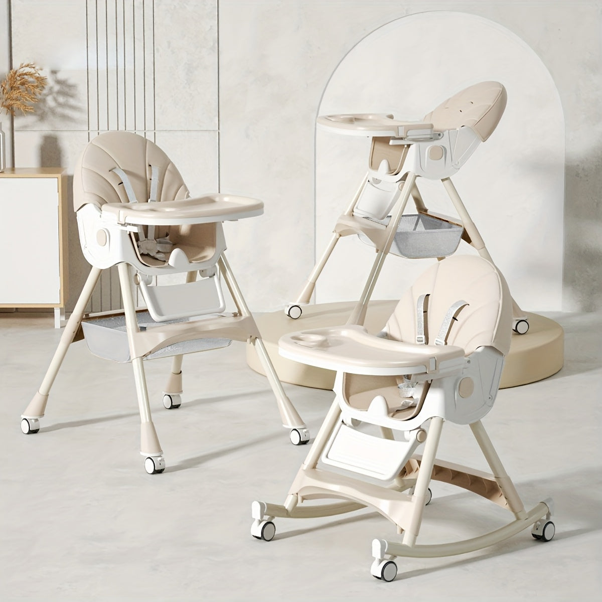 Multi-functional adjustable baby high chair in a kitchen setting, perfect for family dining