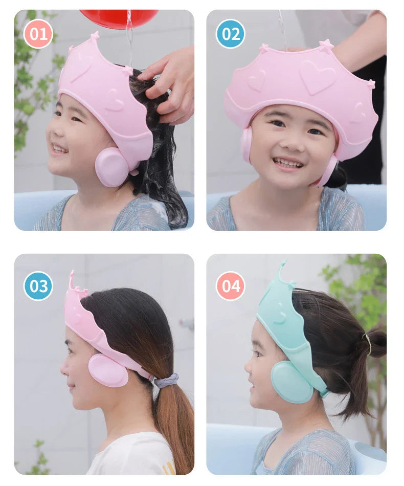 Transparent baby shower cap with soft ear shields, allows parents to see child's face during bath.