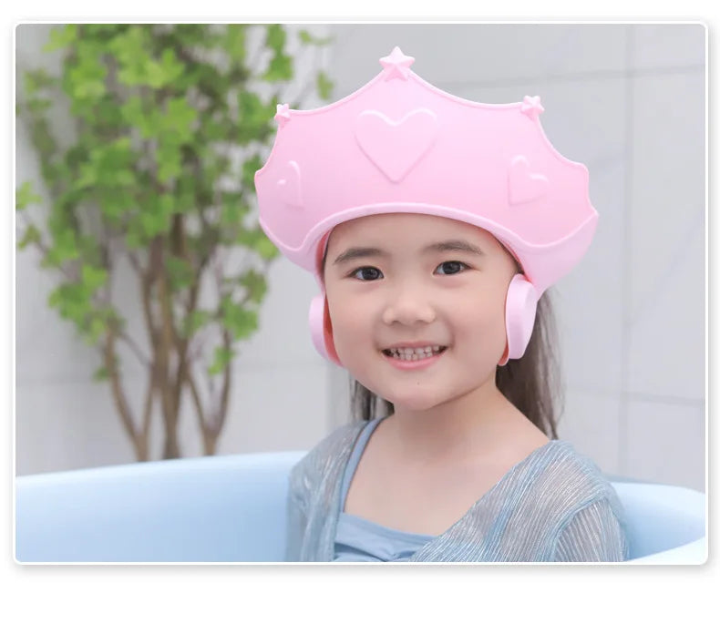 Soft silicone baby shower cap, ear protection, easy to clean, essential infant bath accessory.