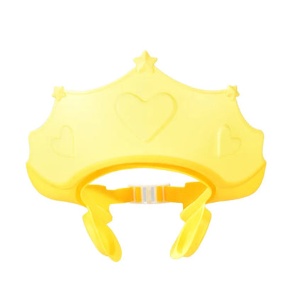 Adjustable baby shower cap with ear protection, soft, yellow, for comfortable infant bathing.