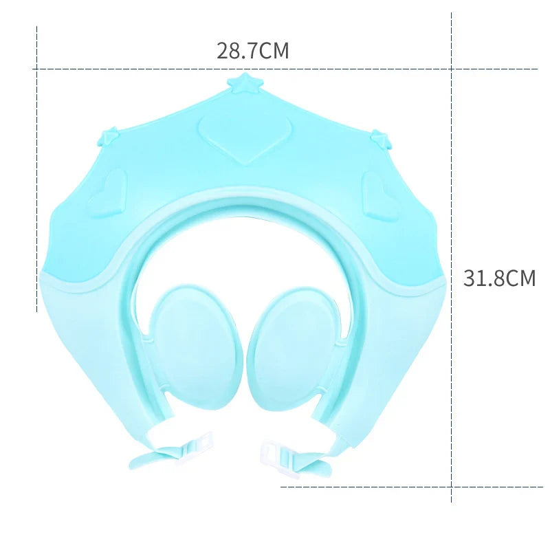 Close-up of baby shower cap with ear protection, showing soft material and secure fit for infants.