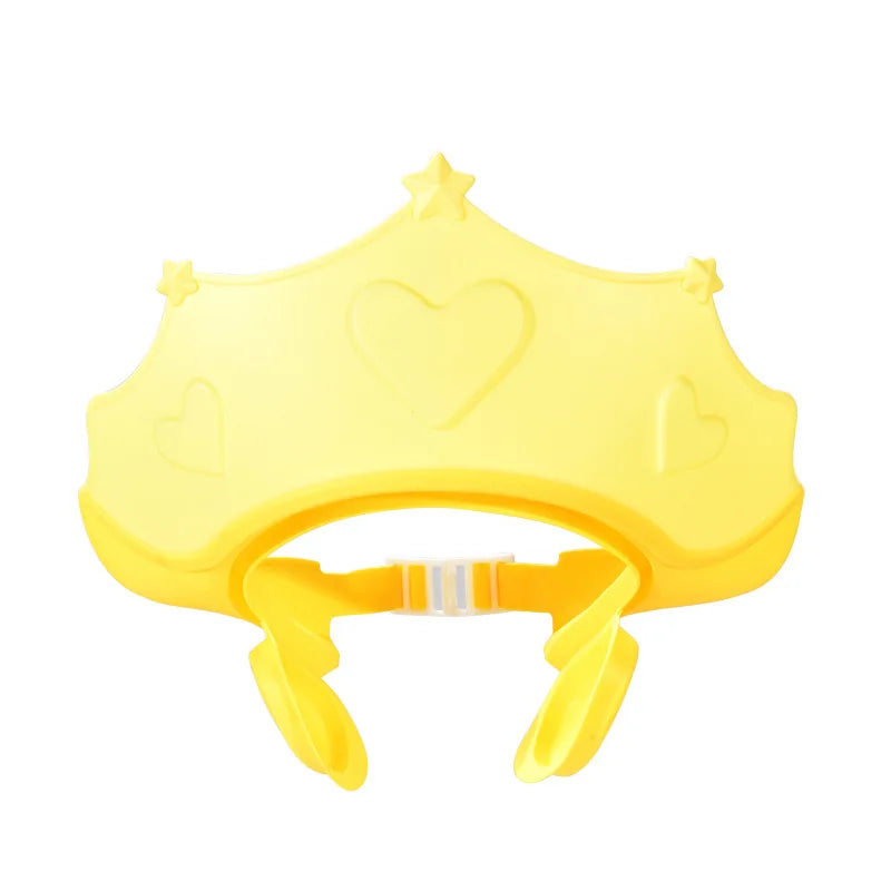 Yellow baby bath hat with ear flaps, adjustable and soft, perfect for keeping water out of eyes.