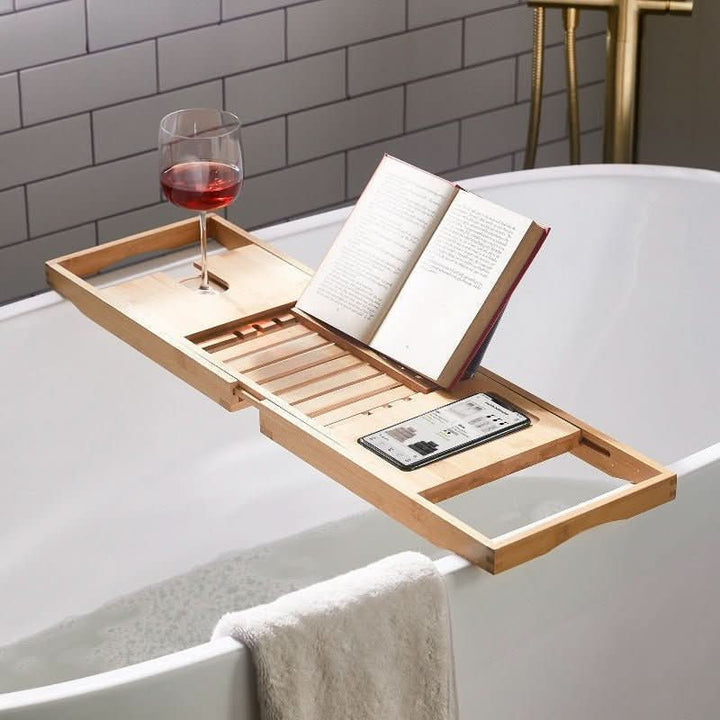 Adjustable bamboo bathtub caddy with book stand & wine holder for spa relaxation. Extendable, water-resistant.