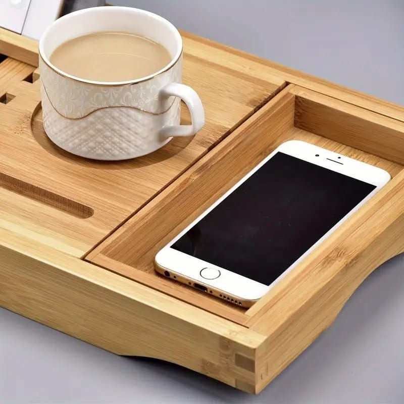 Extendable bamboo bathtub organizer for bath accessories. Sustainable & water-resistant bathroom tray for relaxation.
