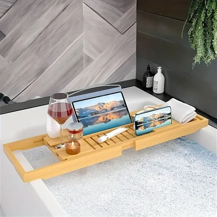 Elegant bamboo bathtub caddy, a perfect gift for spa lovers. Enhances home decor & creates a relaxing bath oasis.